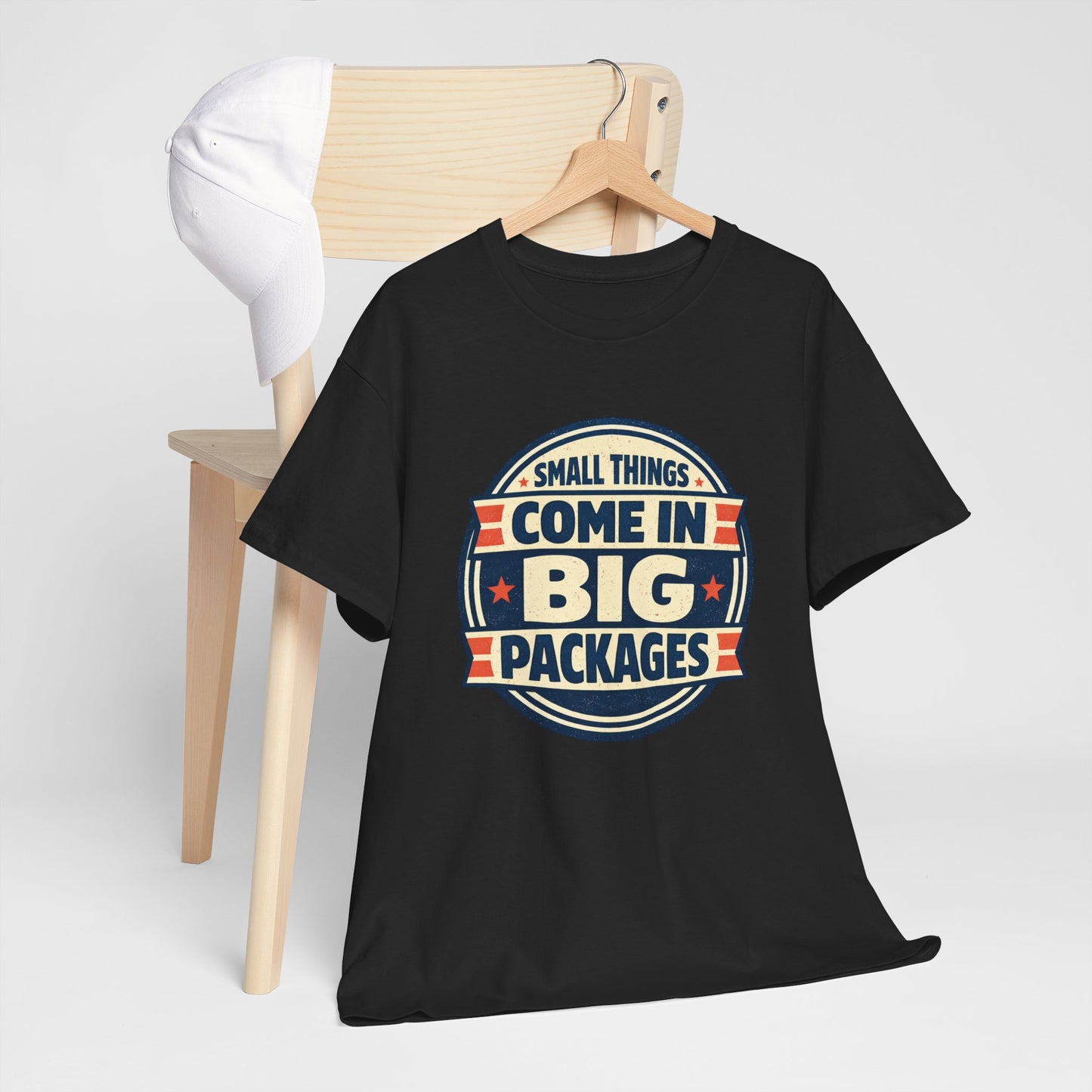 T-Shirt — "Small Things Come in Big Packages" Retro Badge Tee