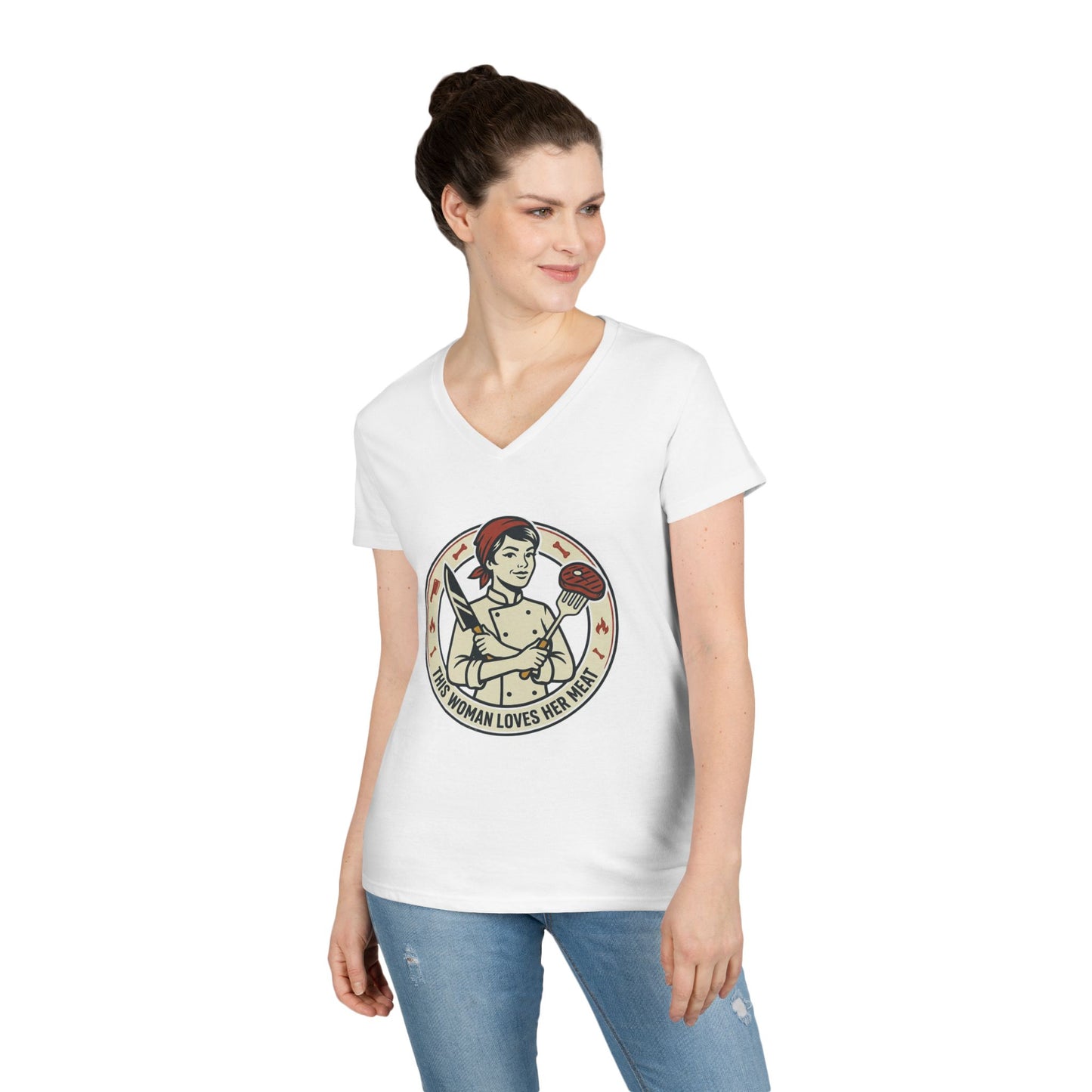 Ladies' V-Neck T-Shirt — "This Woman Loves Her Meat" Chef Graphic Tee