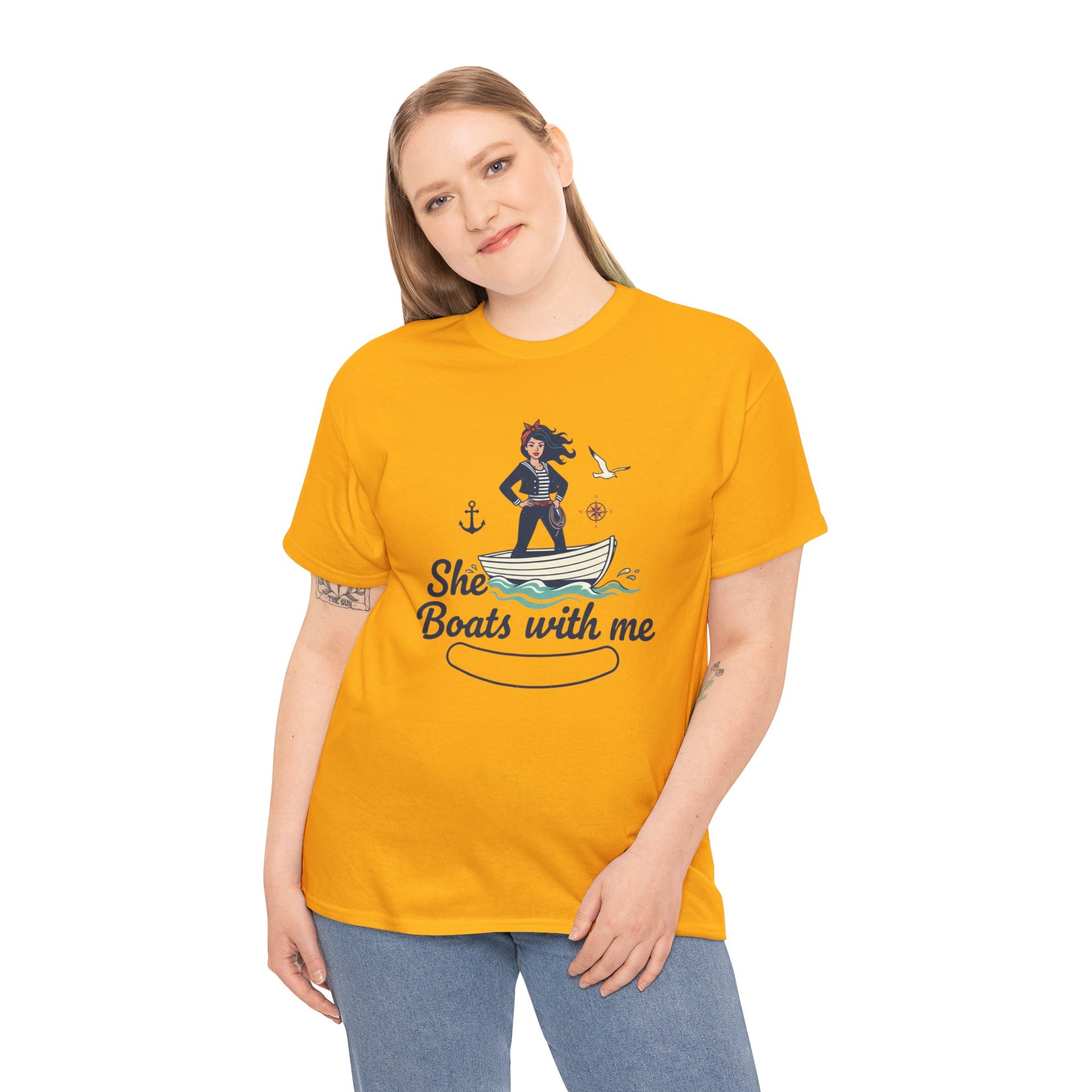 T-Shirt — "She Boats With Me" Nautical Couple Tee Printify