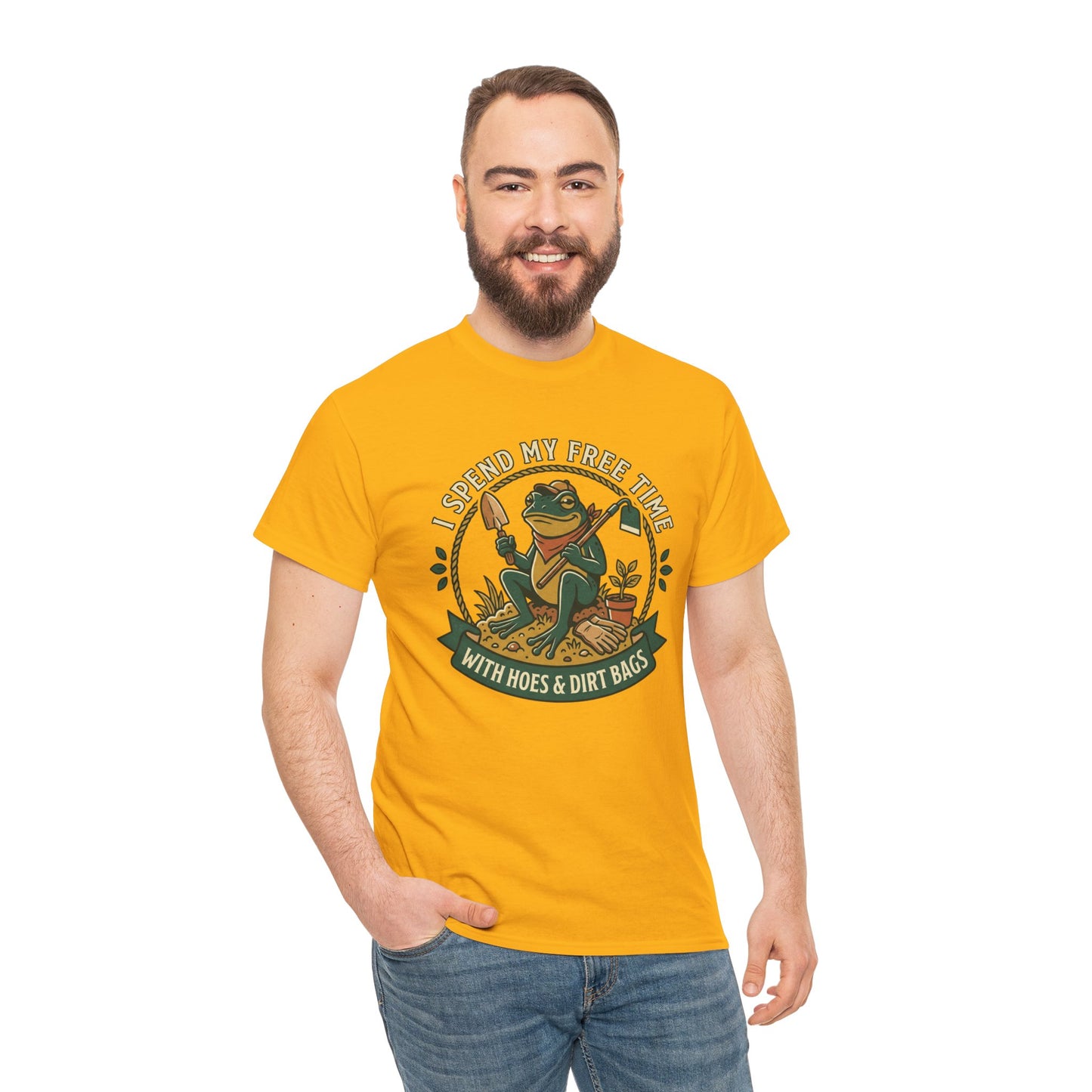 Gardening Frog T-Shirt — "I Spend My Free Time With Hoes & Dirt Bags" Funny Garden Tee
