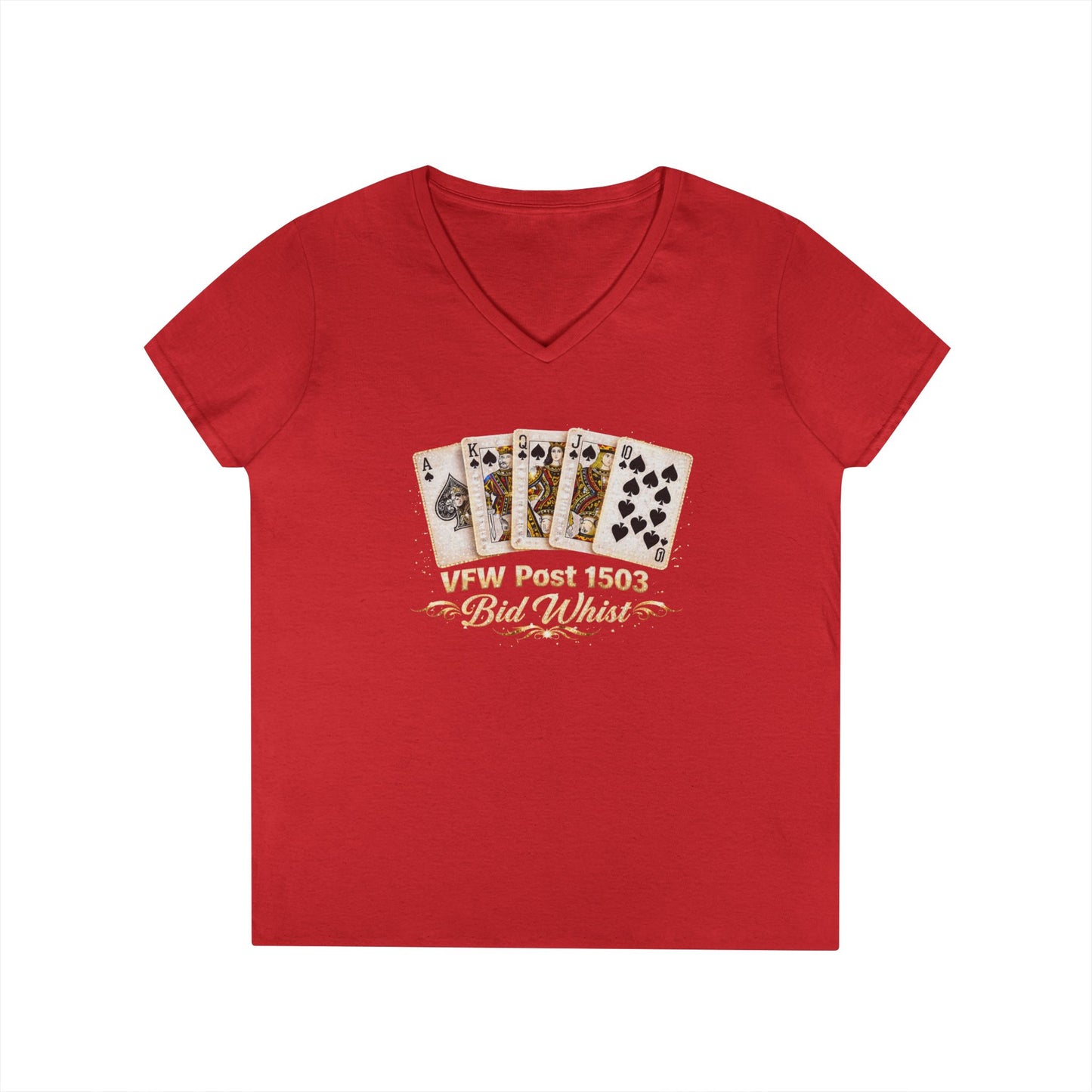 Ladies' V-Neck T-Shirt — Vintage Playing Cards "VFW Post 1503" Graphic Printify