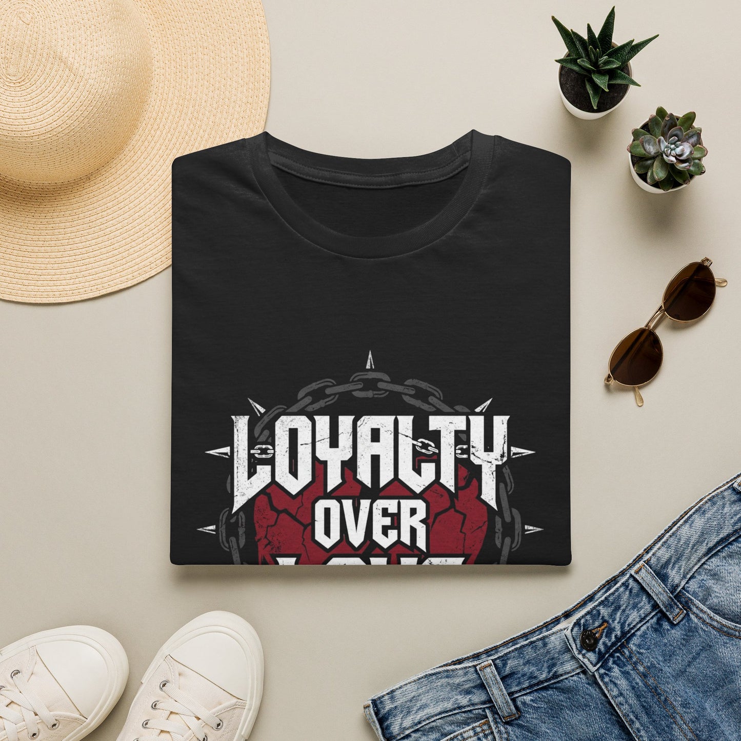 Loyalty Over Love T-Shirt — Edgy Heart & Chain Graphic Tee