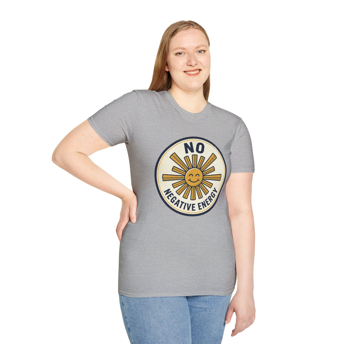 No Negative Energy T-Shirt — Retro Smiling Sun Positive Vibes Tee