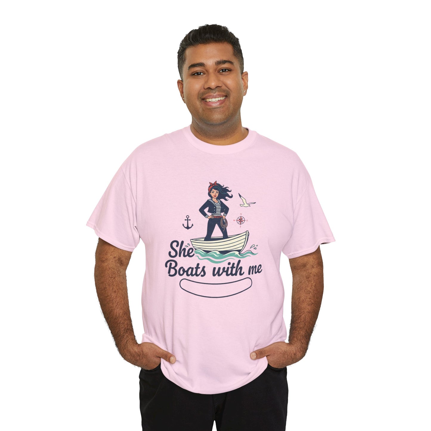 T-Shirt — "She Boats With Me" Nautical Couple Tee Printify