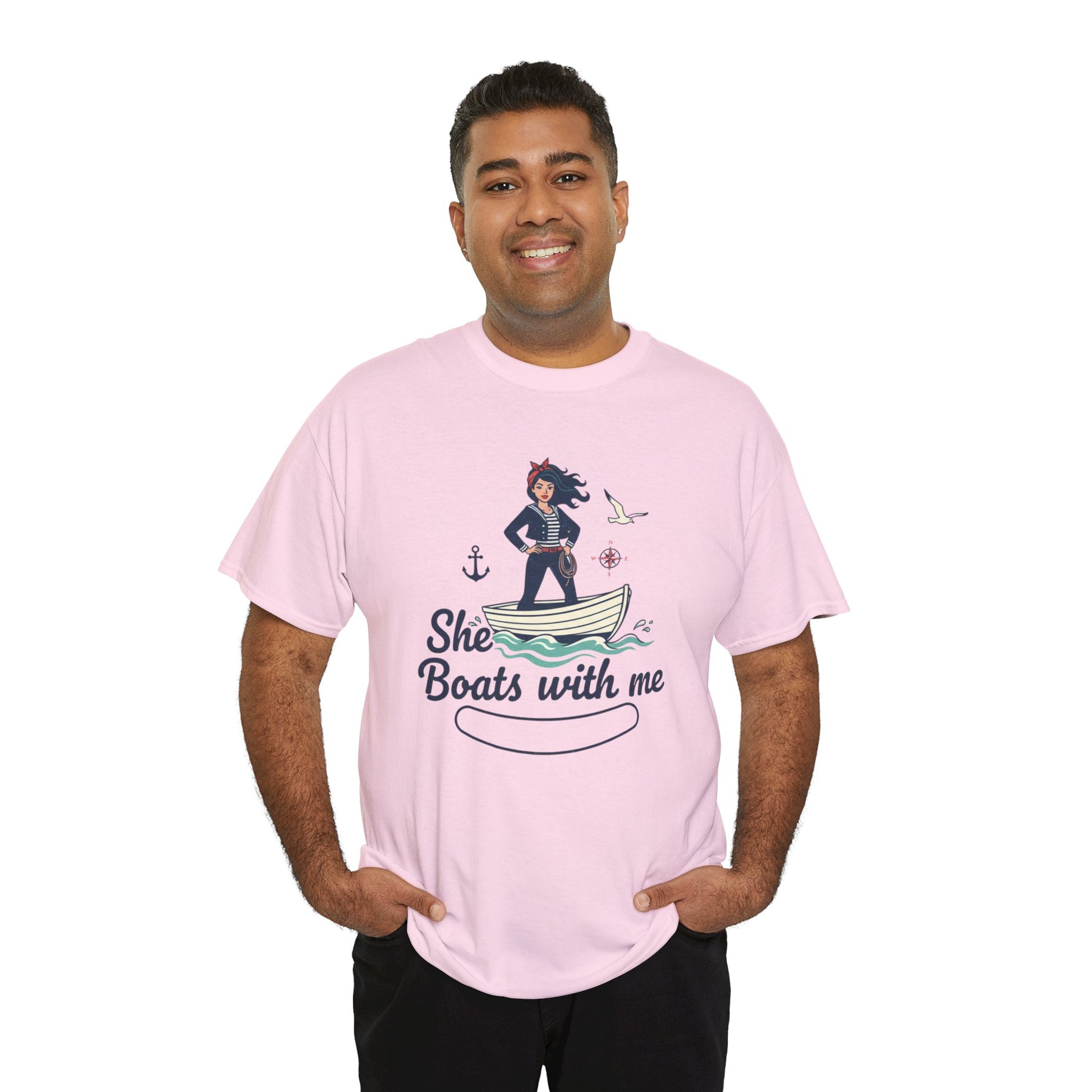 T-Shirt — "She Boats With Me" Nautical Couple Tee Printify