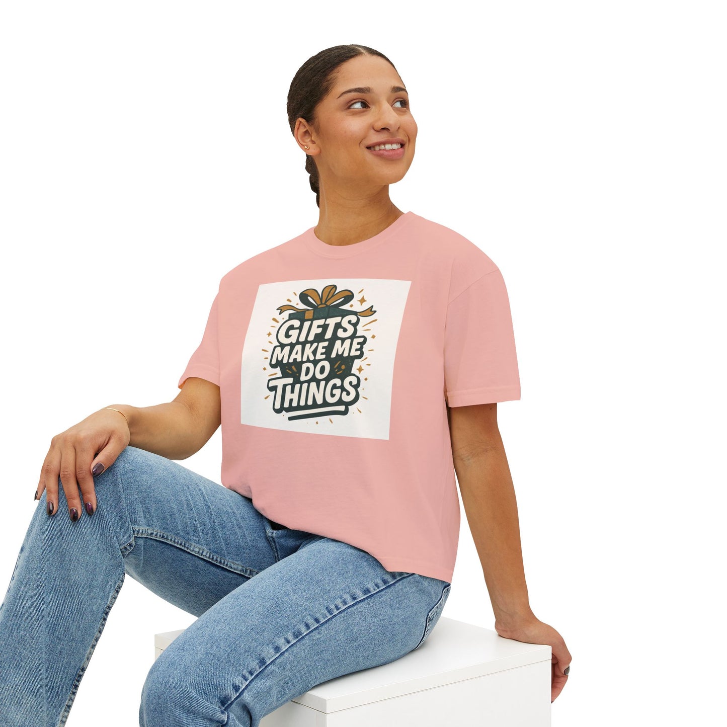 Gifts Make Me Do Things Graphic Boxy Tee — Women’s Casual Crop T-Shirt