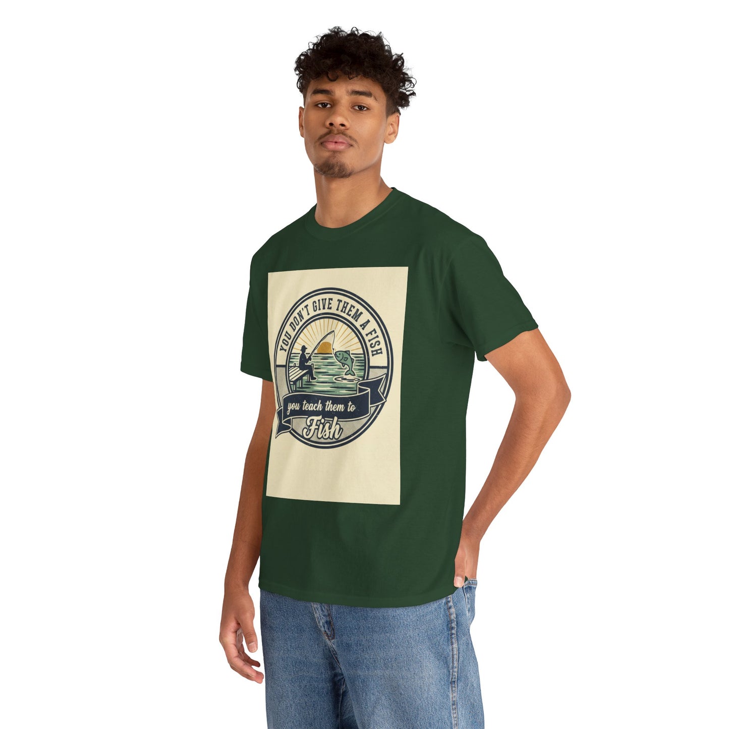 Fishing Vintage Badge T-Shirt — "You Don’t Give Them a Fish, You Teach Them to Fish" Graphic Tee