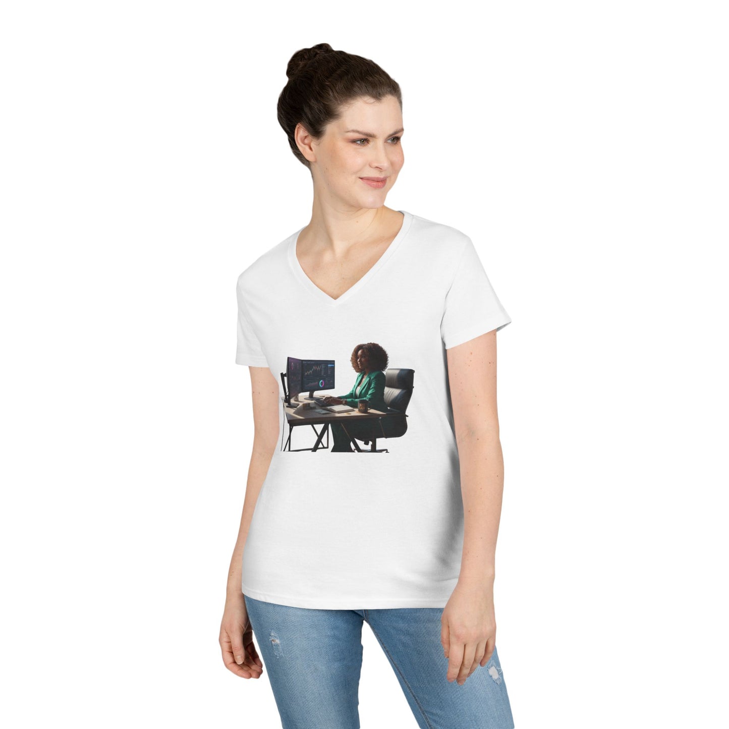 Programmer at Work V-Neck Tee — Female Coder Graphic Shirt