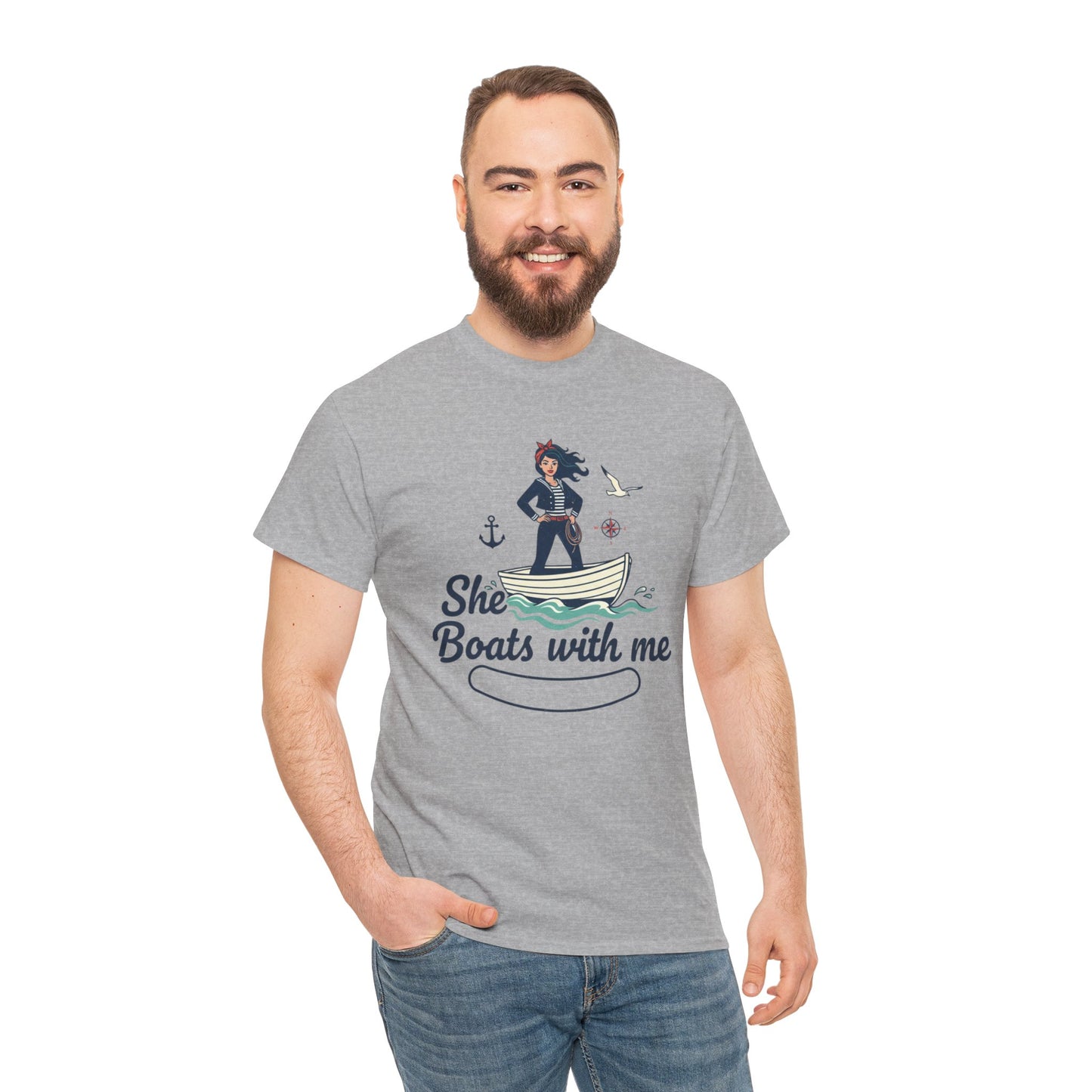 T-Shirt — "She Boats With Me" Nautical Couple Tee Printify