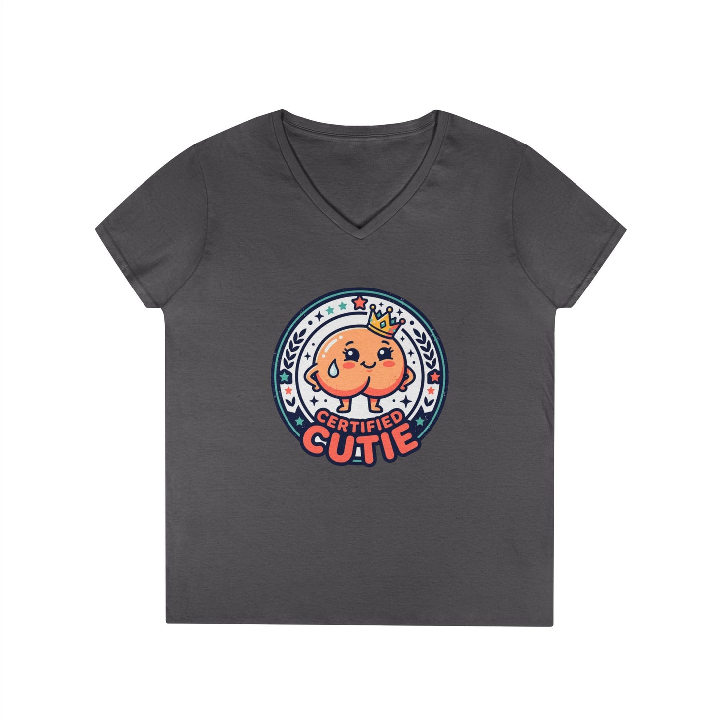 Certified Cutie V-Neck T-Shirt — Cute Cartoon Badge Graphic Tee for Women Printify
