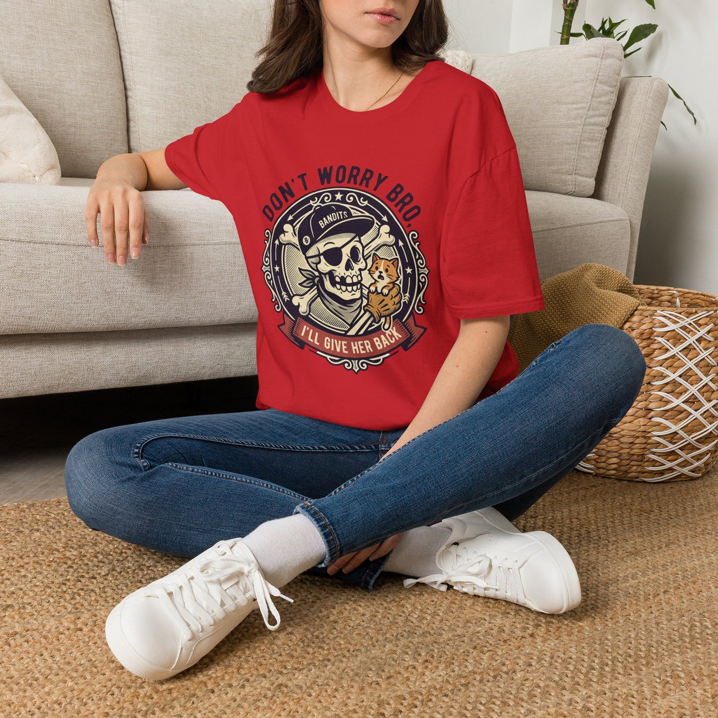 Skull & Cat T-Shirt — "Don't Worry Bro, I'll Give Her Back" Vintage Tee