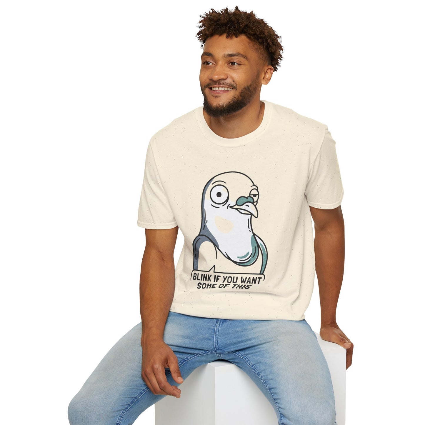 Pigeon Meme T‑Shirt — “Blink If You Want Some Of This” Funny Graphic Tee