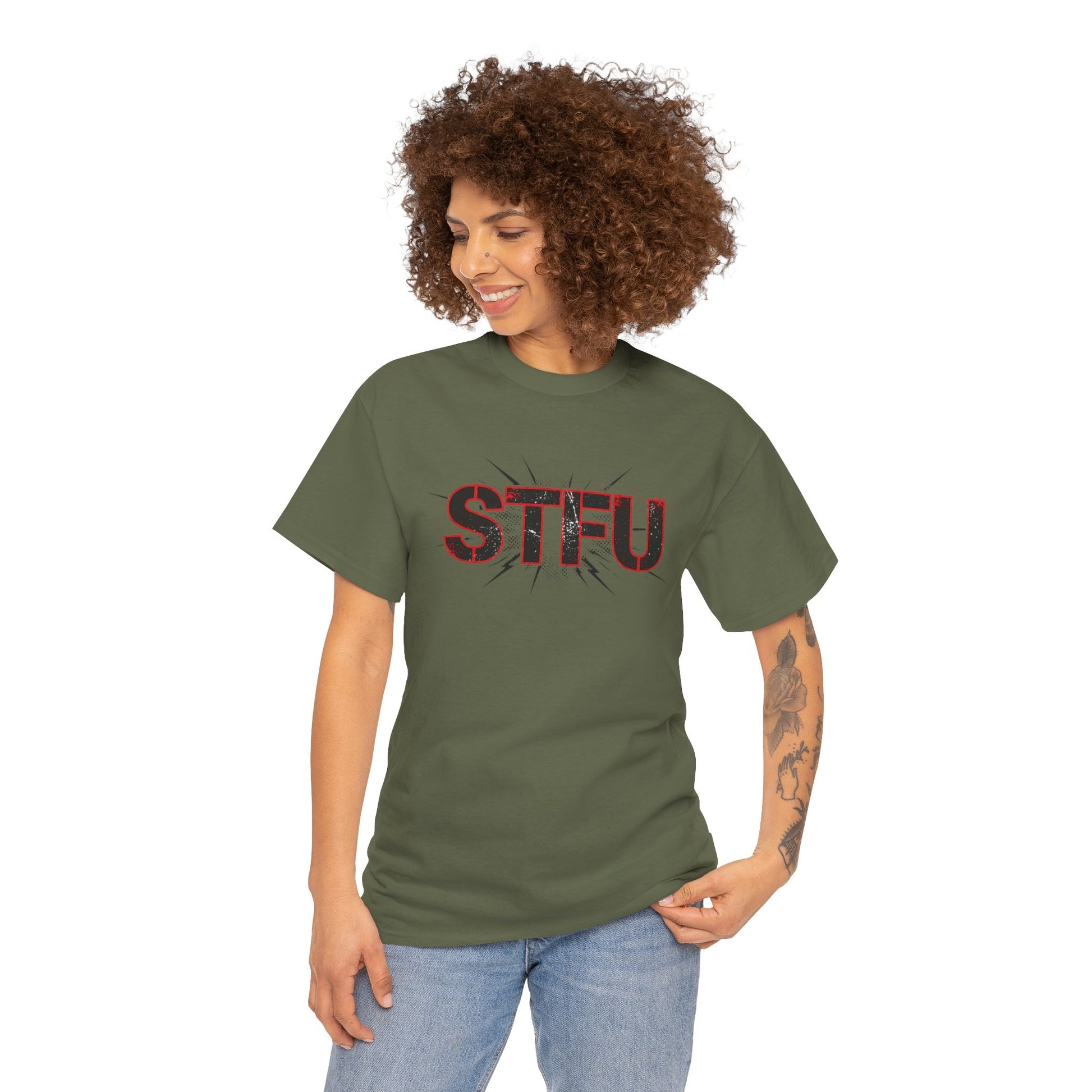 STFU Graphic Tee — Bold Distressed Text Shirt for Statement Style Printify