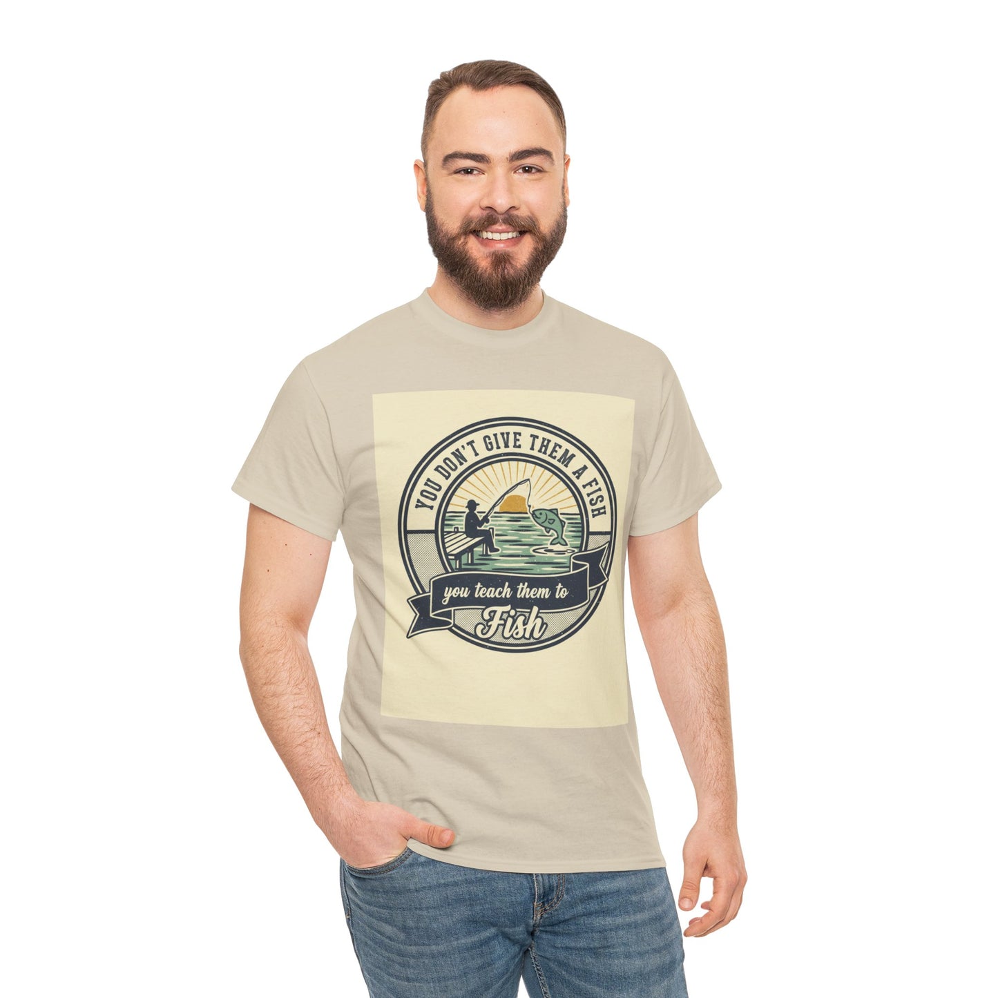 Fishing Vintage Badge T-Shirt — "You Don’t Give Them a Fish, You Teach Them to Fish" Graphic Tee