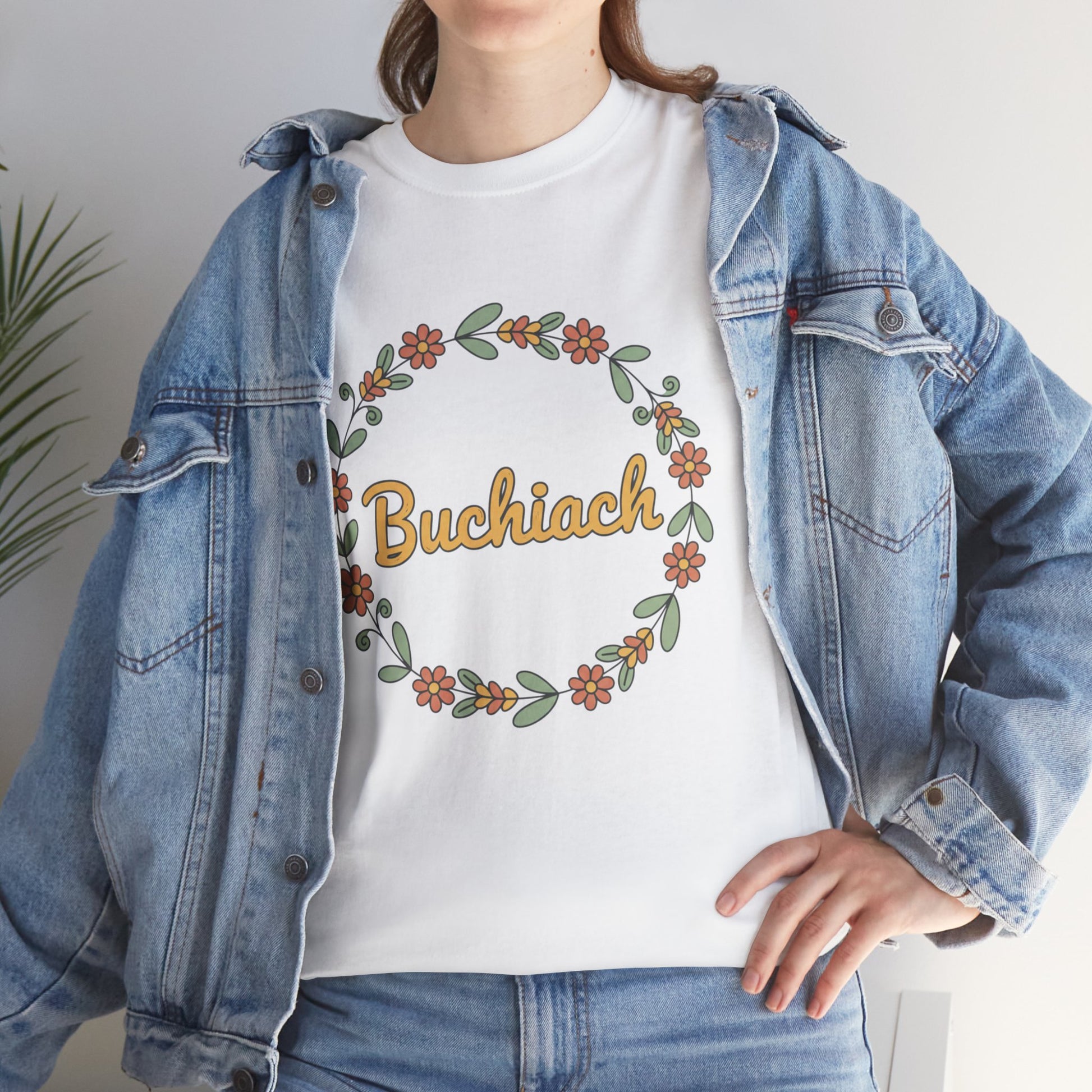 Buchiach Floral Wreath T-Shirt — Retro Script Garden Tee Printify