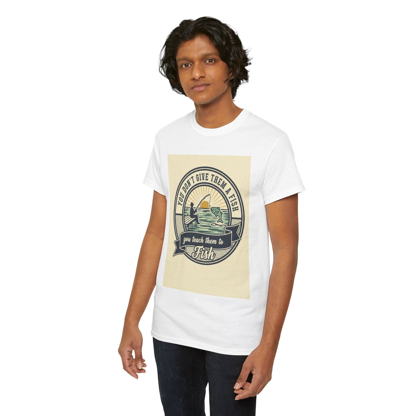 Fishing Vintage Badge T-Shirt — "You Don’t Give Them a Fish, You Teach Them to Fish" Graphic Tee