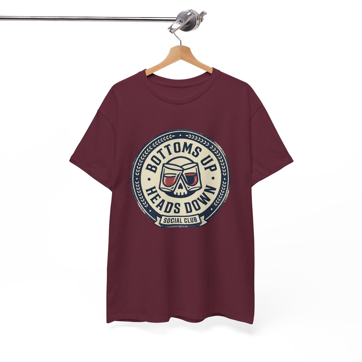 "Bottoms Up Heads Down" Skull Beer Logo Tee