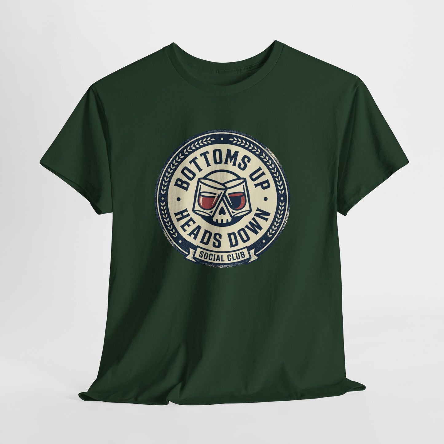 "Bottoms Up Heads Down" Skull Beer Logo Tee