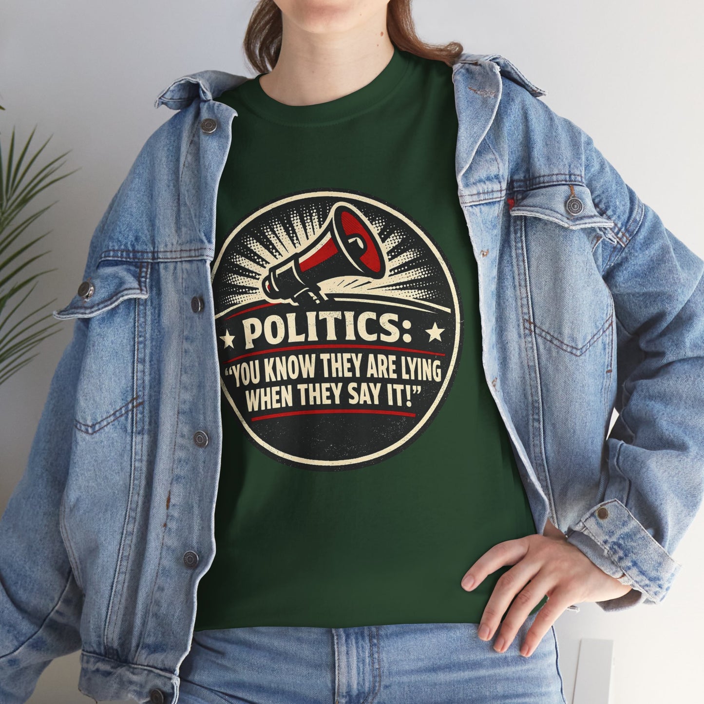 Political Satire T-Shirt — "Politics: You Know They Are Lying When They Say It" Retro Megaphone Tee