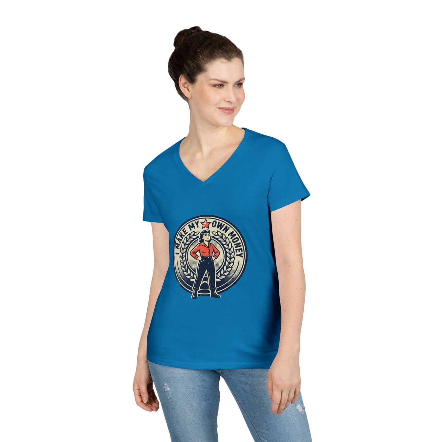 Ladies' V-Neck T-Shirt — "I Make My Own Money" Empowered Retro Worker Graphic Tee