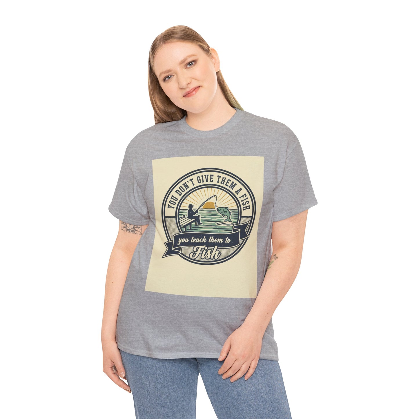 Fishing Vintage Badge T-Shirt — "You Don’t Give Them a Fish, You Teach Them to Fish" Graphic Tee
