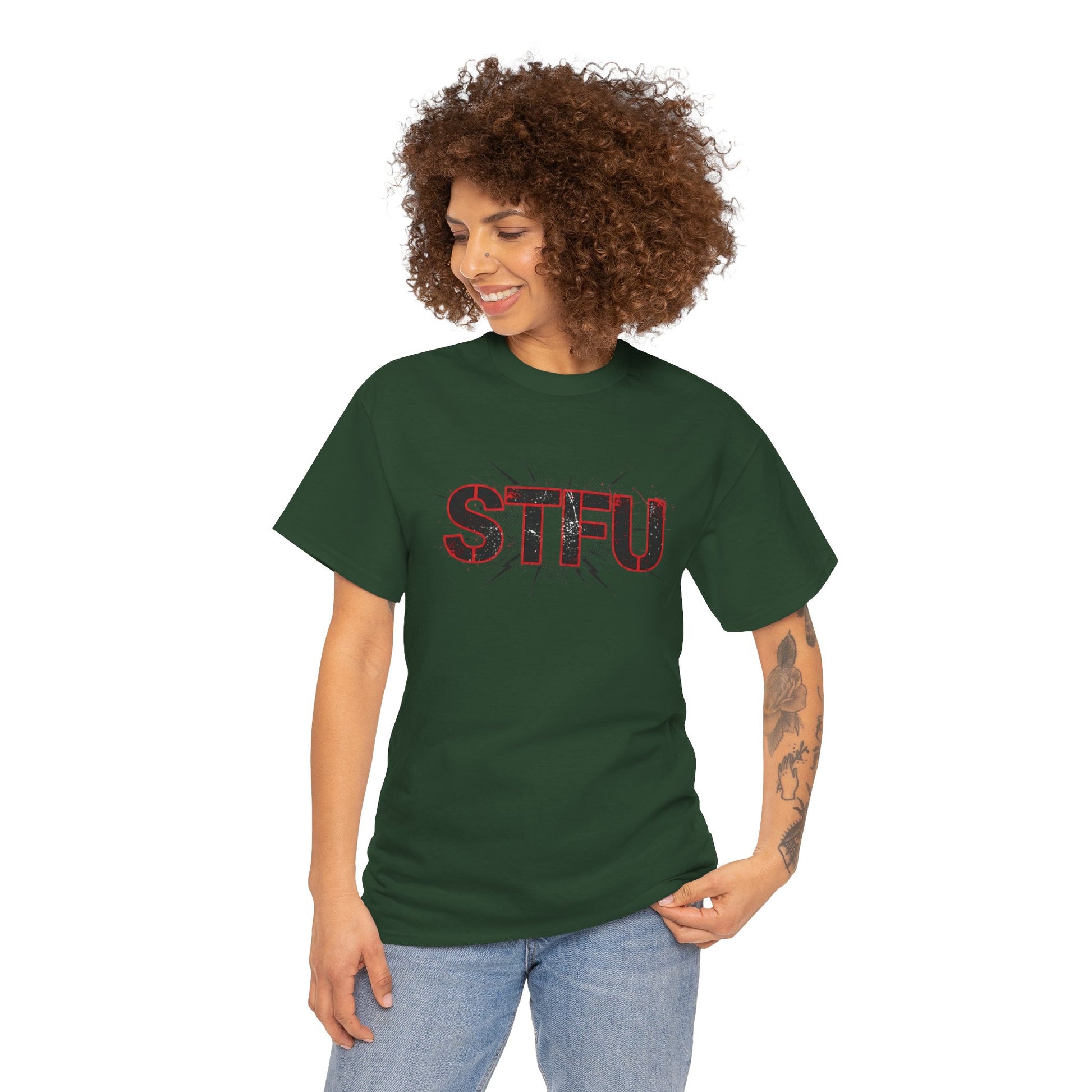 STFU Graphic Tee — Bold Distressed Text Shirt for Statement Style Printify