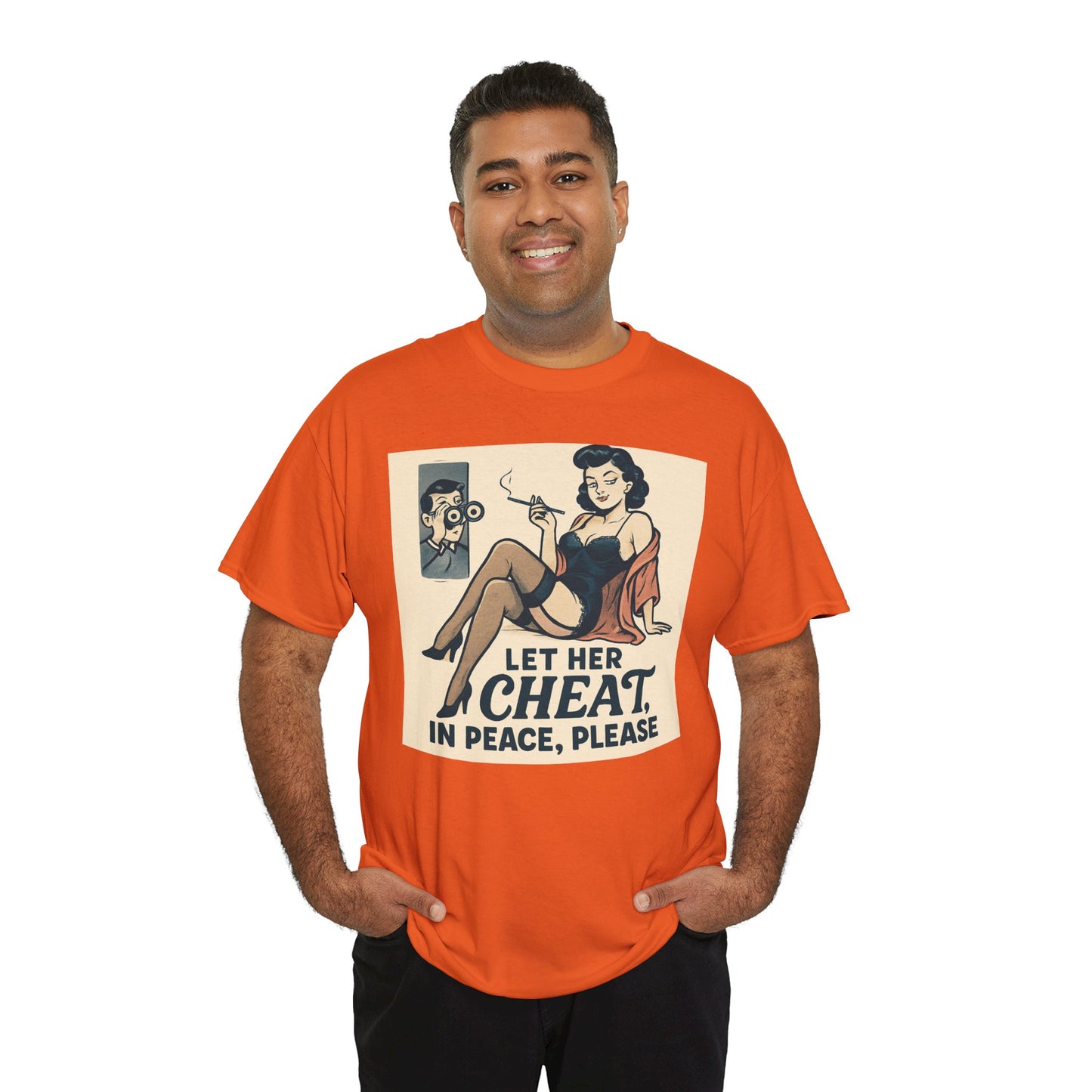 T-Shirt — Vintage Pinup “Let Her Cheat in Peace, Please” Graphic Tee