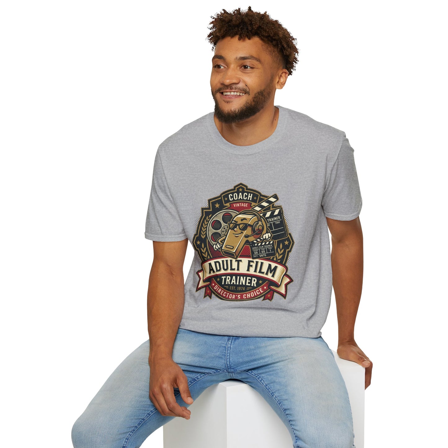 Adult Film Trainer T-Shirt — Vintage Director’s Coach Movie Reel Tee Printify