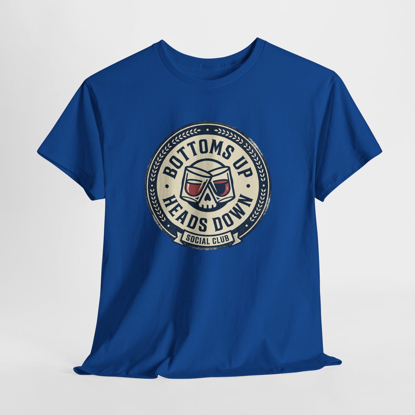 "Bottoms Up Heads Down" Skull Beer Logo Tee