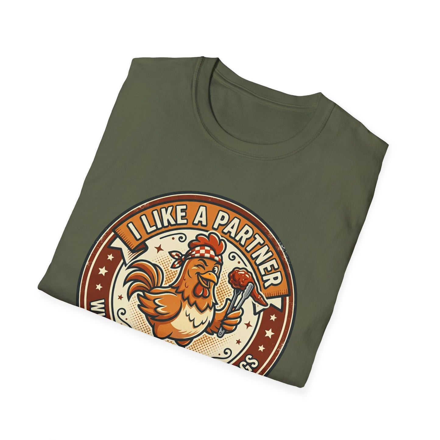 Funny Chicken Wings T-Shirt — "I Like A Partner Who Can Make Chicken Wings" Crew Tee