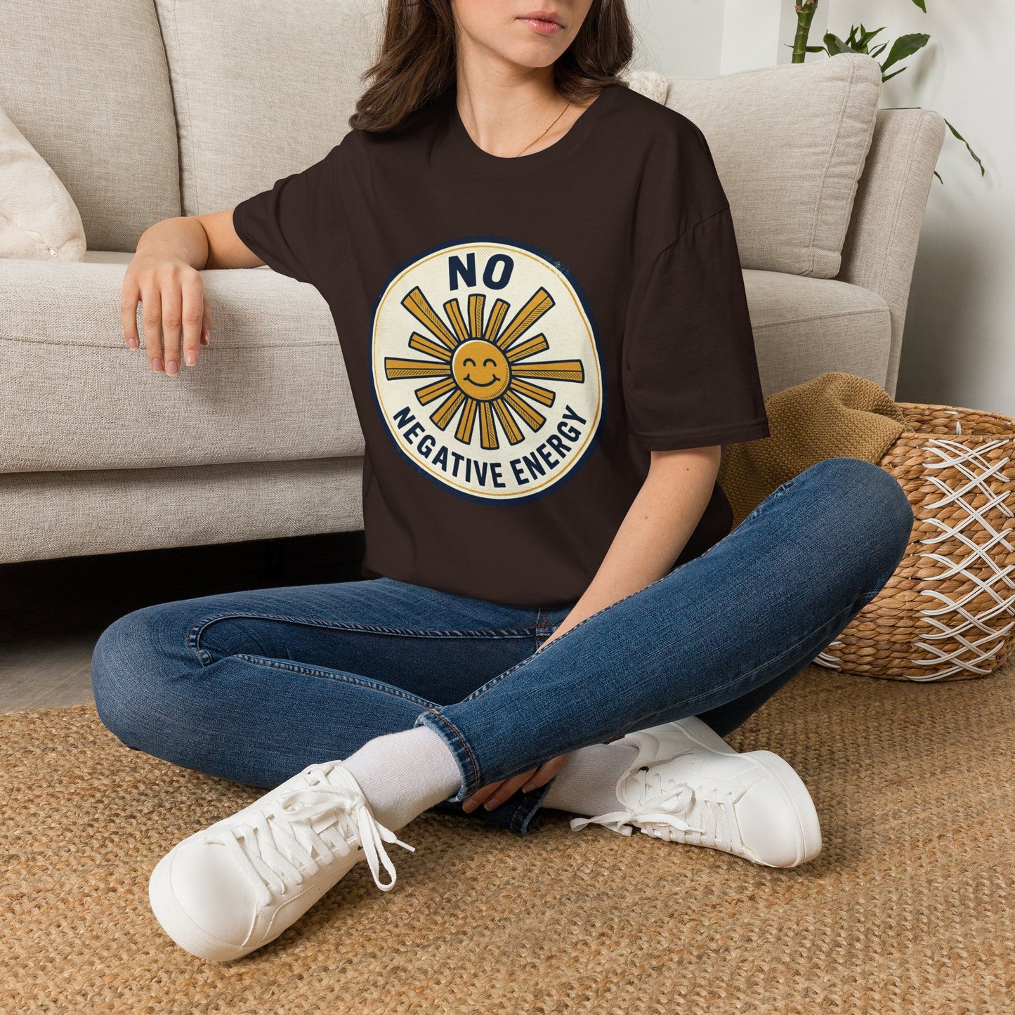 No Negative Energy T-Shirt — Retro Smiling Sun Positive Vibes Tee