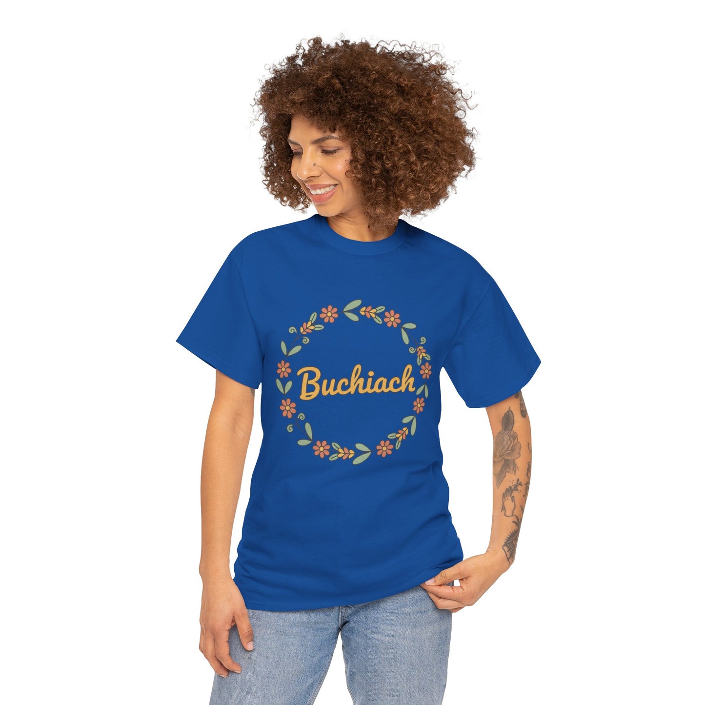Buchiach Floral Wreath T-Shirt — Retro Script Garden Tee Printify