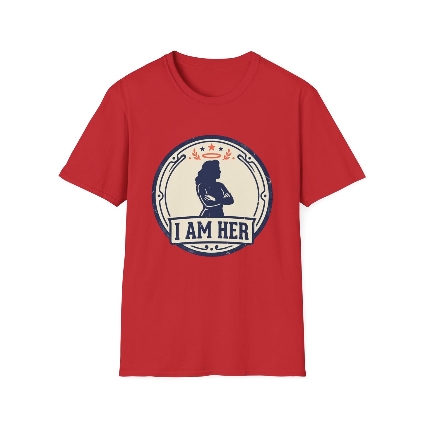 I Am Her Women’s T-Shirt — Empowering Mom & Woman Pride Vintage Badge Tee