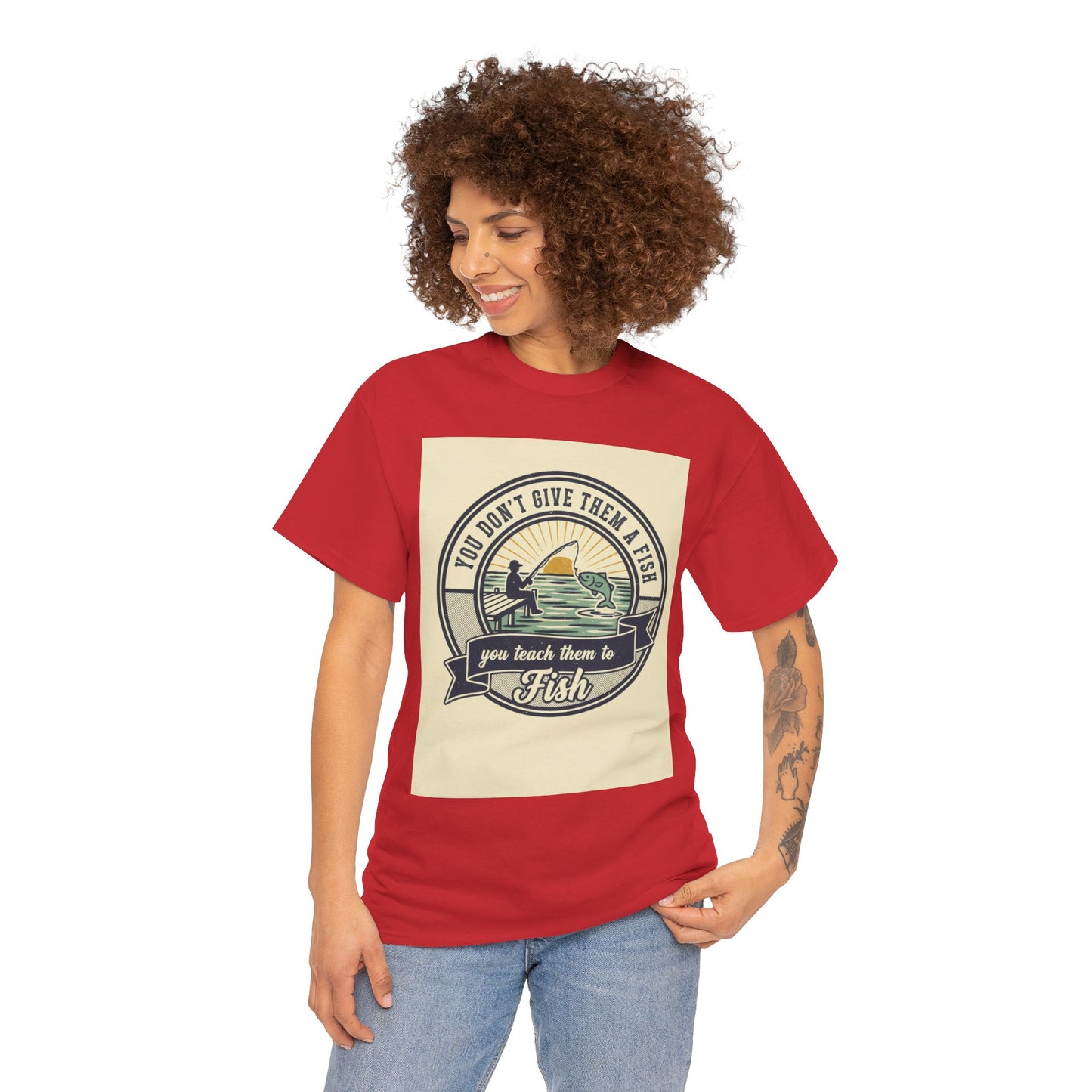 Fishing Vintage Badge T-Shirt — "You Don’t Give Them a Fish, You Teach Them to Fish" Graphic Tee