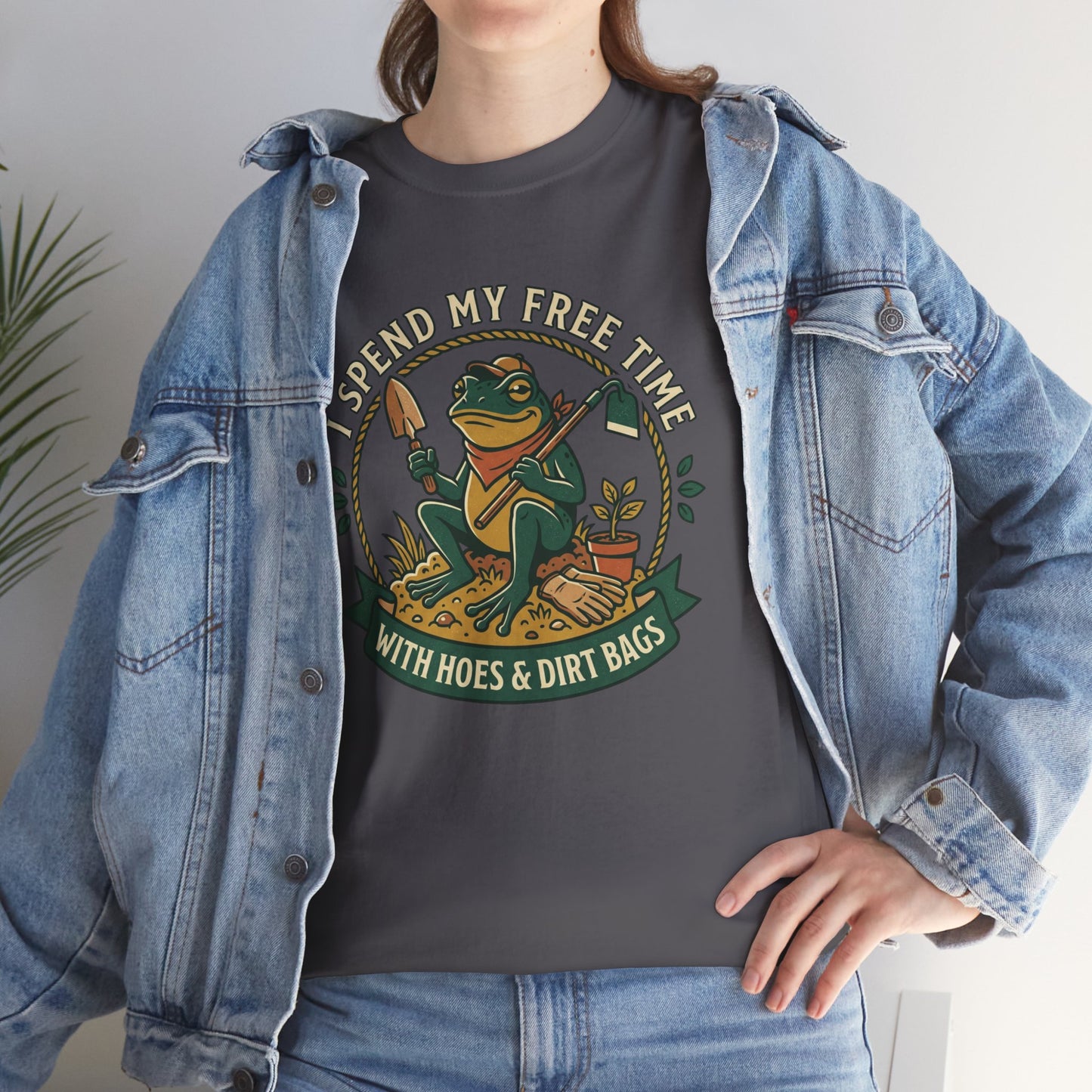 Gardening Frog T-Shirt — "I Spend My Free Time With Hoes & Dirt Bags" Funny Garden Tee