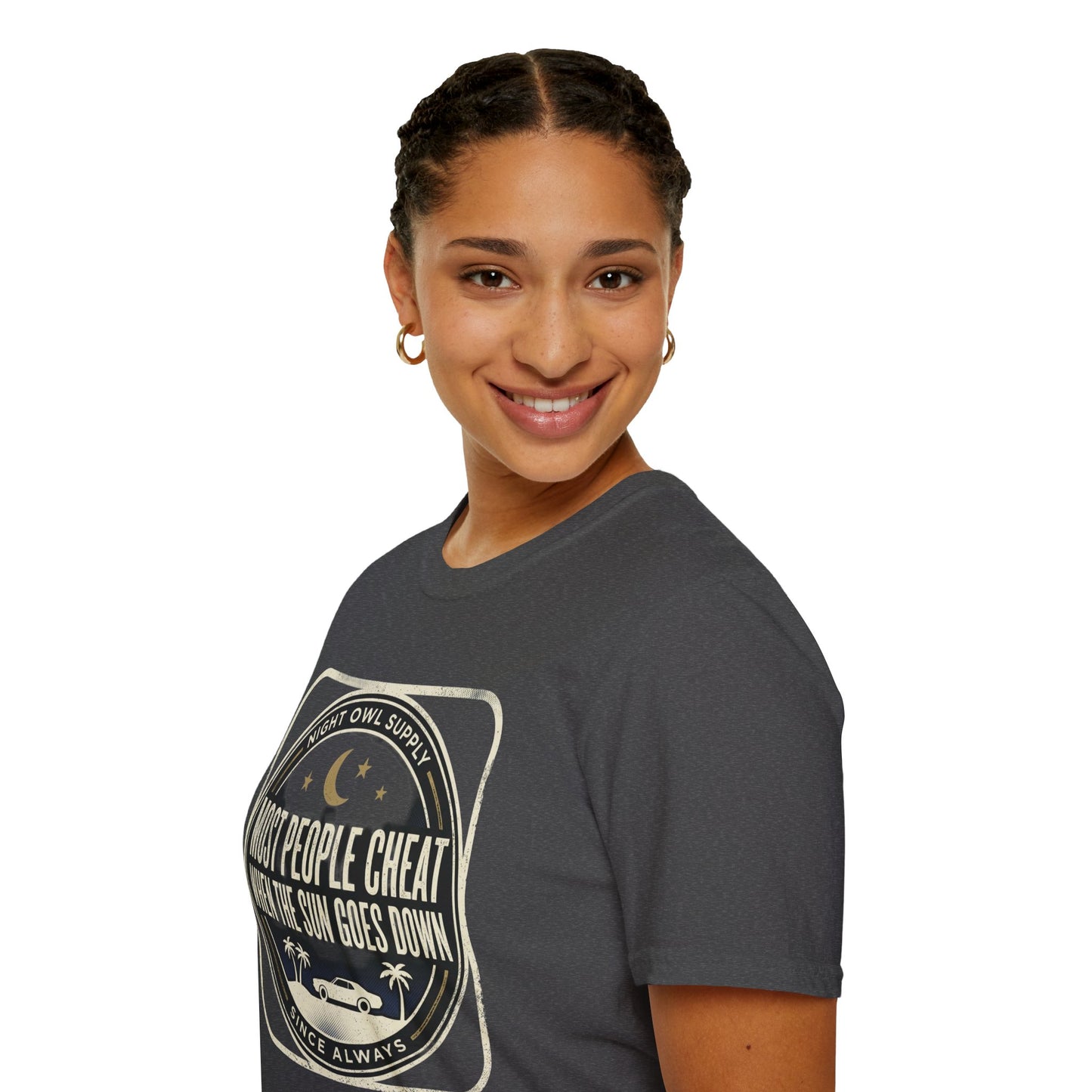 “Most People Cheat When The Sun Goes Down” Vintage Graphic Tee-Night Owl T-Shirt