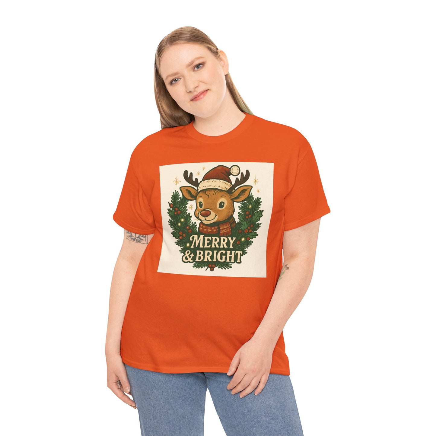 Merry & Bright Reindeer Christmas T-Shirt Printify