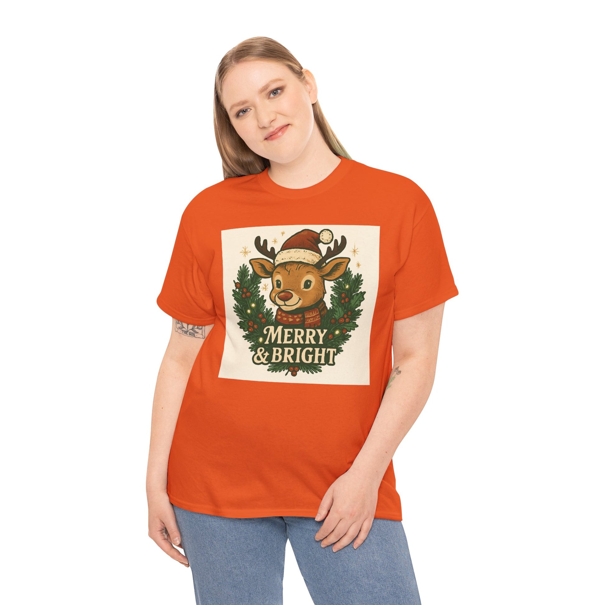 Merry & Bright Reindeer Christmas T-Shirt Printify