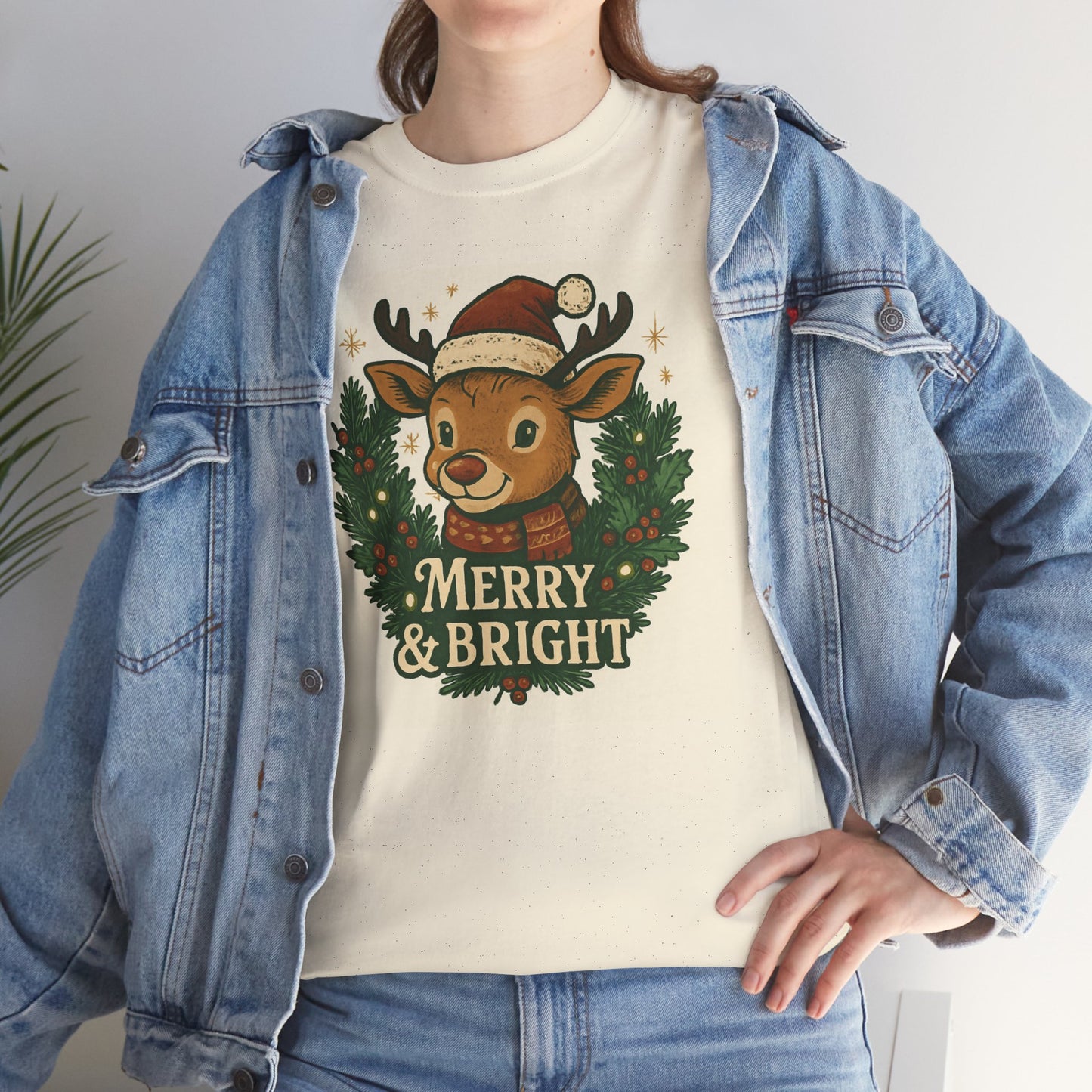 Merry & Bright Reindeer Christmas T-Shirt Printify