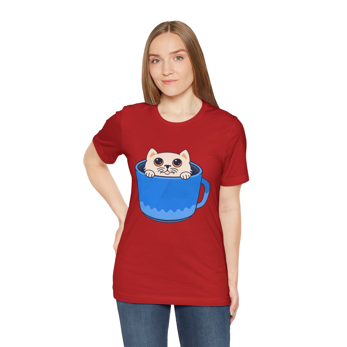 Cat in a Blue Mug T‑Shirt — Cute Kawaii Kitten Tee