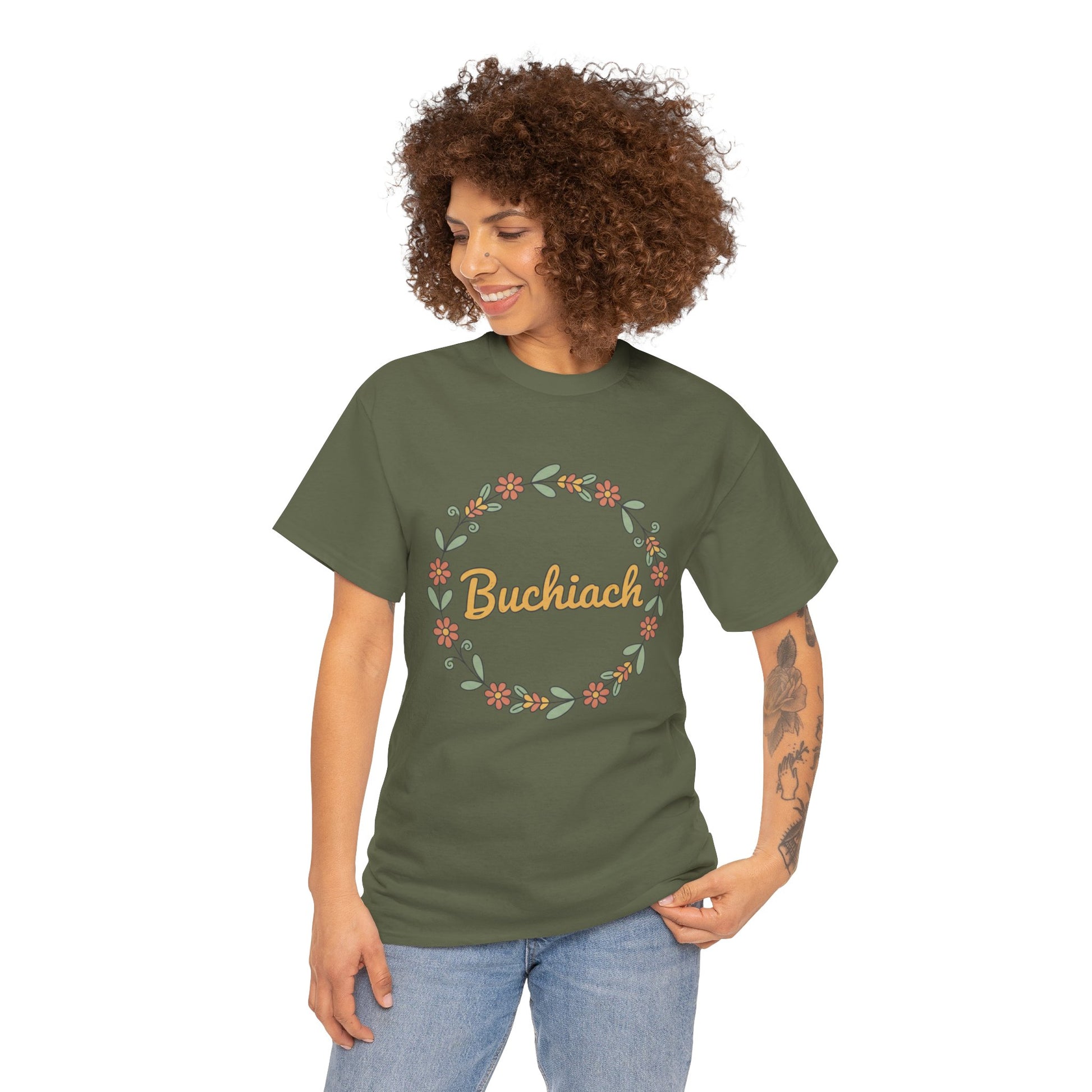 Buchiach Floral Wreath T-Shirt — Retro Script Garden Tee Printify