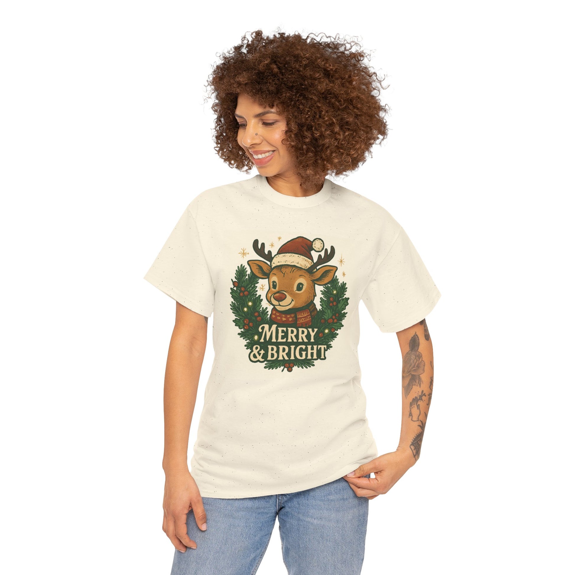 Merry & Bright Reindeer Christmas T-Shirt Printify