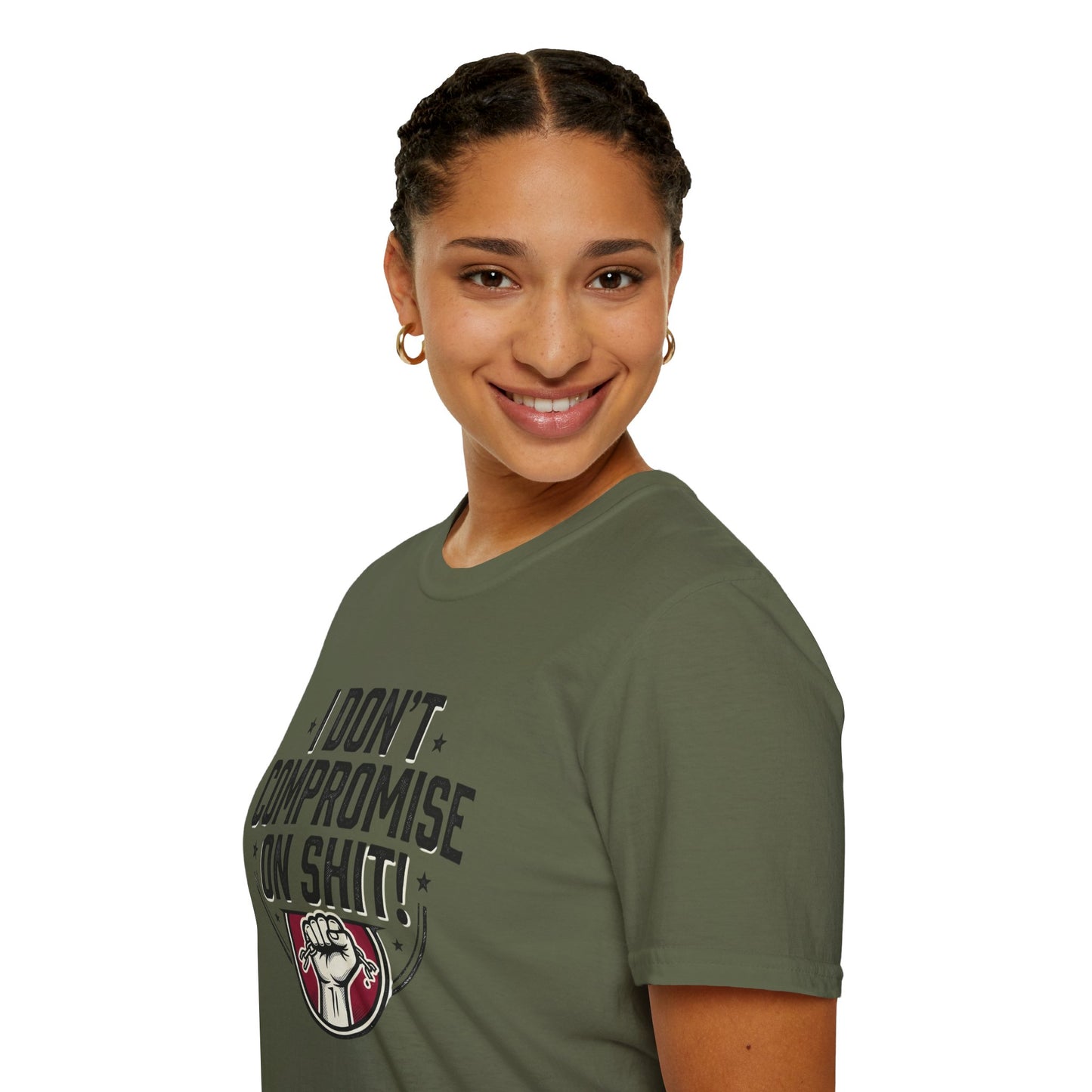 I Don't Compromise On Shit T-Shirt — Bold Fist Graphic Tee for Strong-Willed Adults