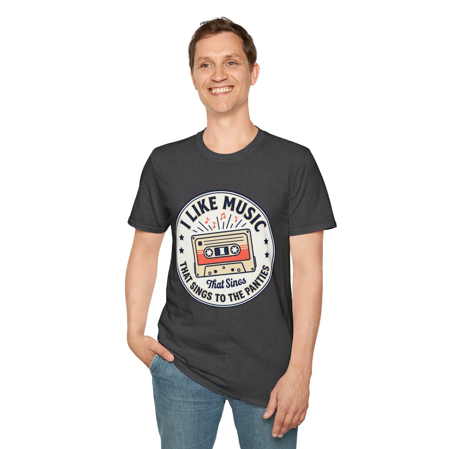 Retro Cassette T-Shirt — "I Like Music That Sings to the Pants" Vintage Music Tee