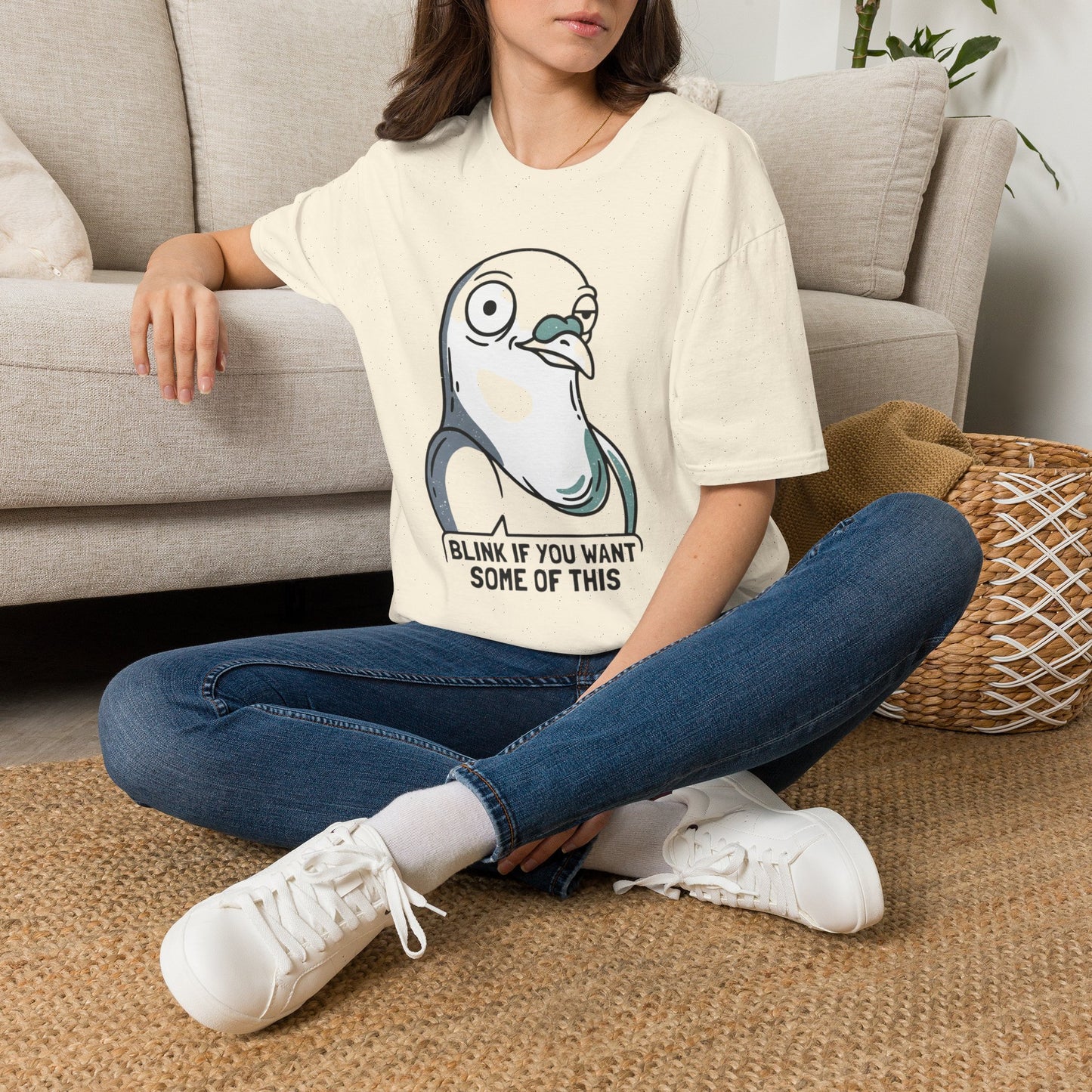Pigeon Meme T‑Shirt — “Blink If You Want Some Of This” Funny Graphic Tee
