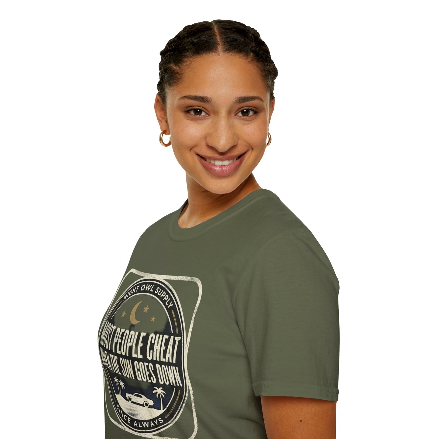 “Most People Cheat When The Sun Goes Down” Vintage Graphic Tee-Night Owl T-Shirt