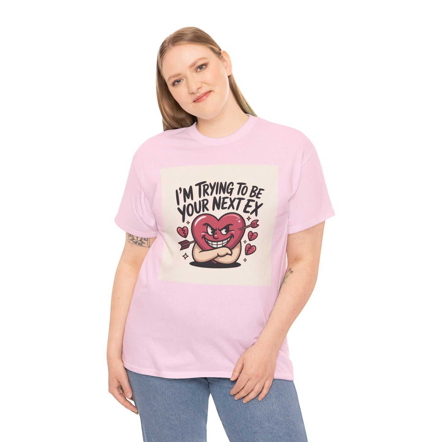 Valentine Heart Character Tee — "I'm Trying To Be Your Next Ex" Graphic T-Shirt Printify