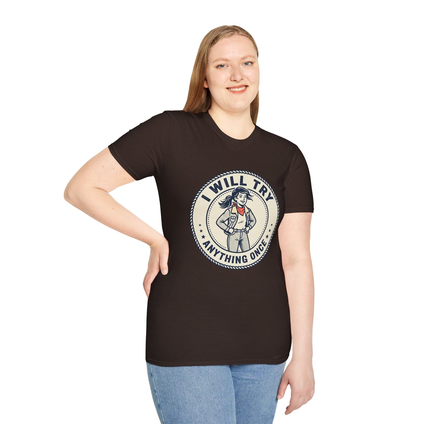 I Will Try Anything Once T-Shirt — Retro Adventurous Vintage Badge Tee