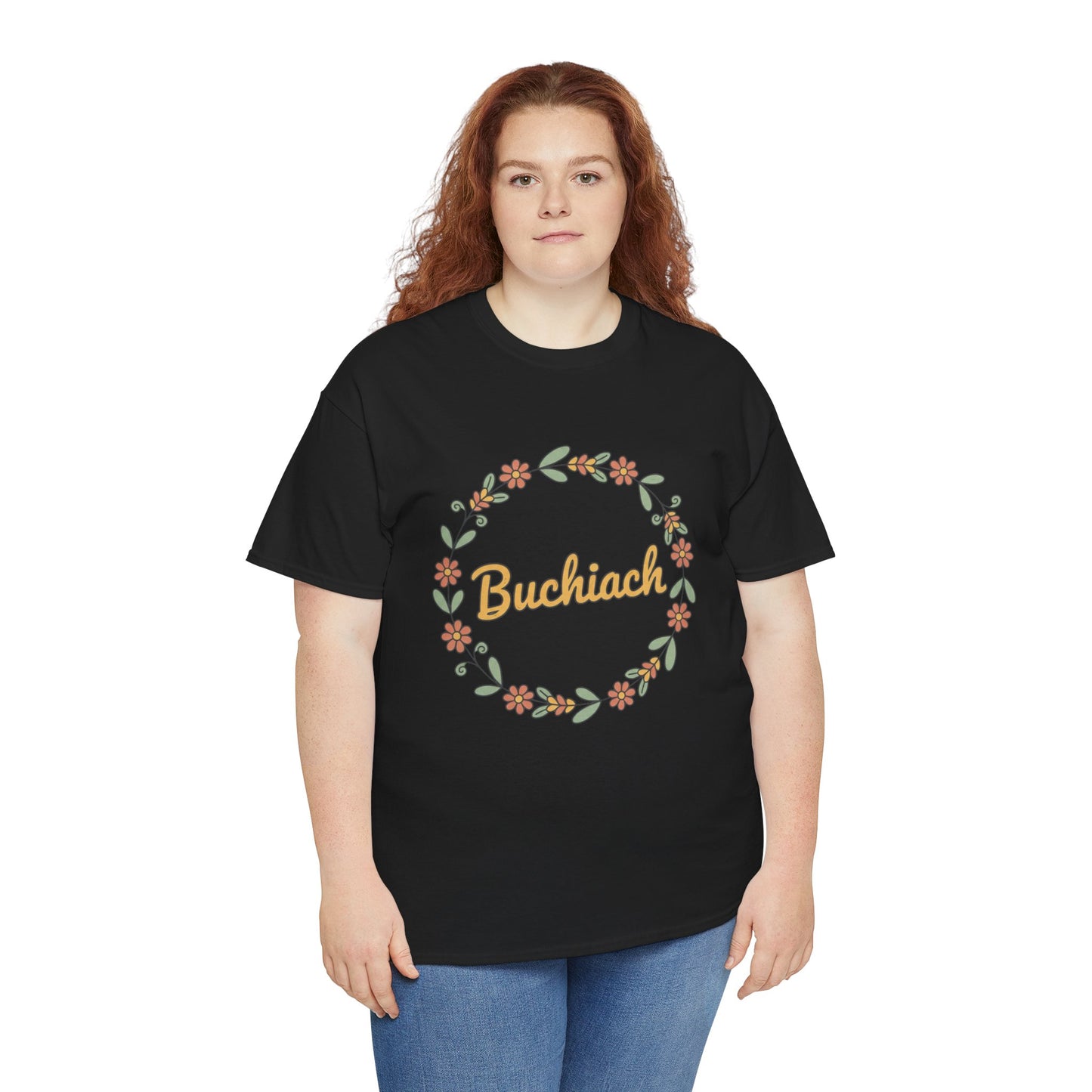 Buchiach Floral Wreath T-Shirt — Retro Script Garden Tee Printify