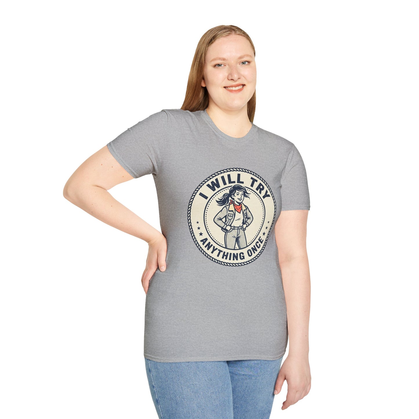 I Will Try Anything Once T-Shirt — Retro Adventurous Vintage Badge Tee